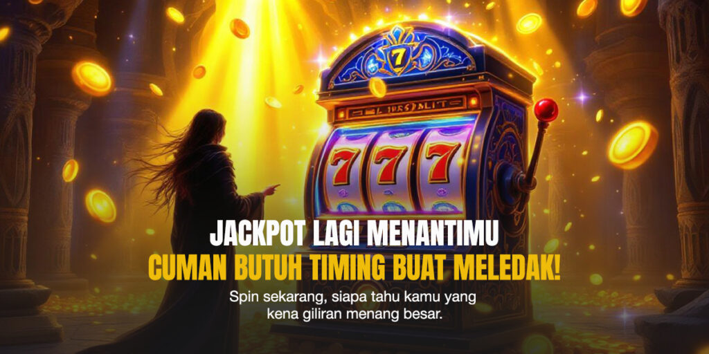 Seorang pemain berdiri di ruangan megah dengan mesin slot klasik menyala angka 777 dan koin emas bertebaran, menggambarkan momen kemenangan besar di Crazy Coin Flip Live.